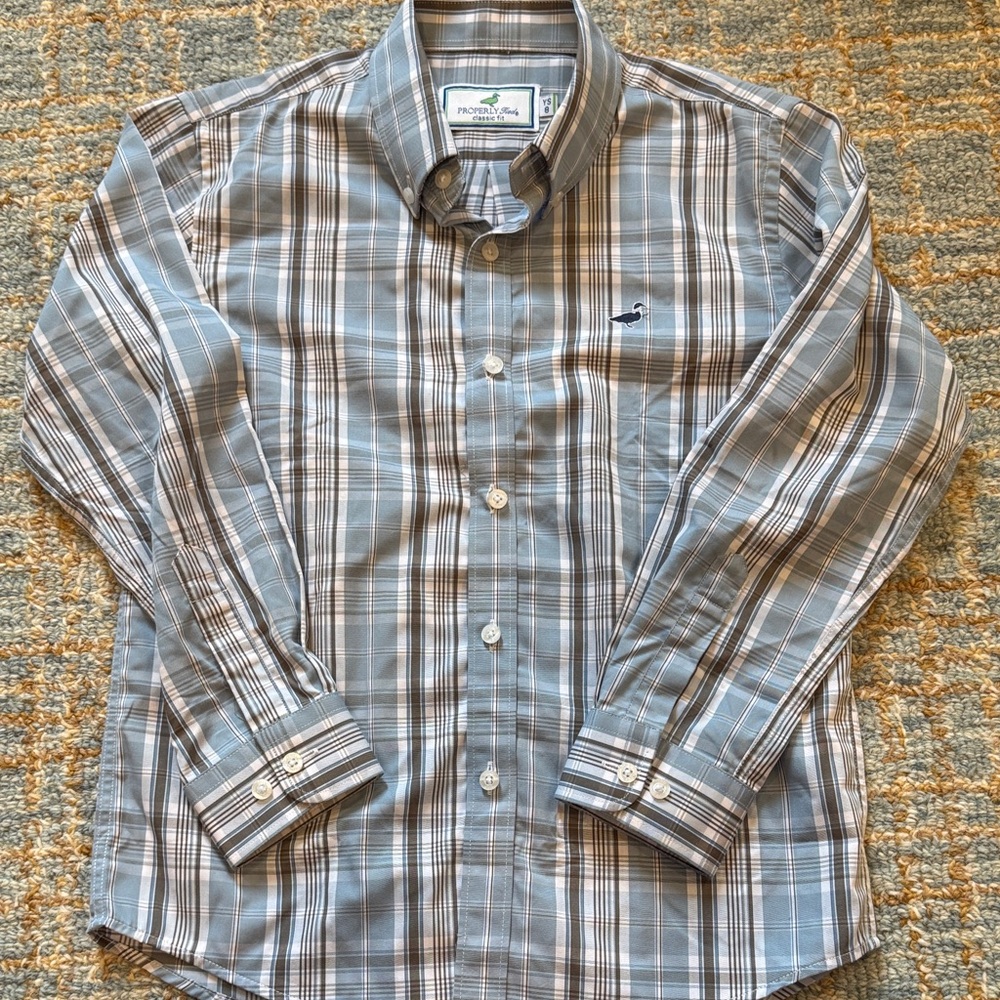 Properly Tied boys youth Small 8 Gray, blue and White Plaid Shirt